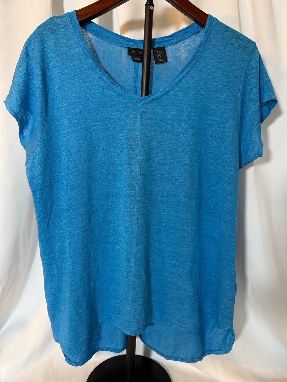 Tahari Blue Short Sleeve V-Neck Linen Top Minimalist Closet Staple XL